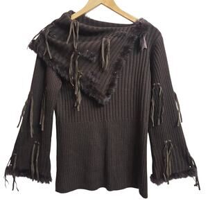 Ruby Cho Womens Vtg Y2K Fairy Grunge Wool Blend Fringe Faux Fur Trim Sweater S